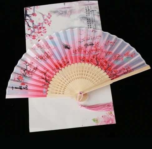 Retro Style Folding Fan Female Japanese Pattern Retro Cloth Art Craft Gift Home Decoration Ornament Dancing Hand Fan - peach 