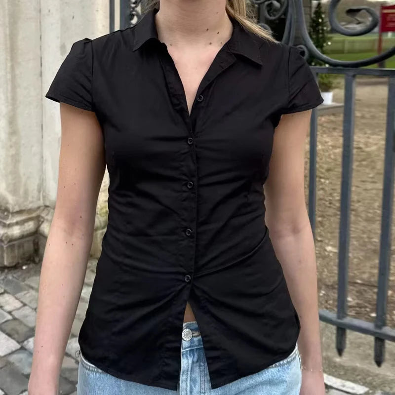 Women Short Sleeve Button Down Shirts Vintage Stripe Print Slim Fitted Cropped Collared Blouse Elegant Lady Business Shirts -
