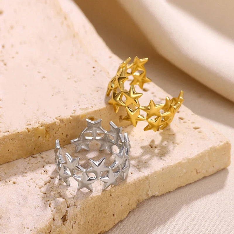 2026 New Stainless Steel Double Layer Star Waterproof Rings for Women Gold Color Opened Star Rings Cute Wedding Jewelry Gifts