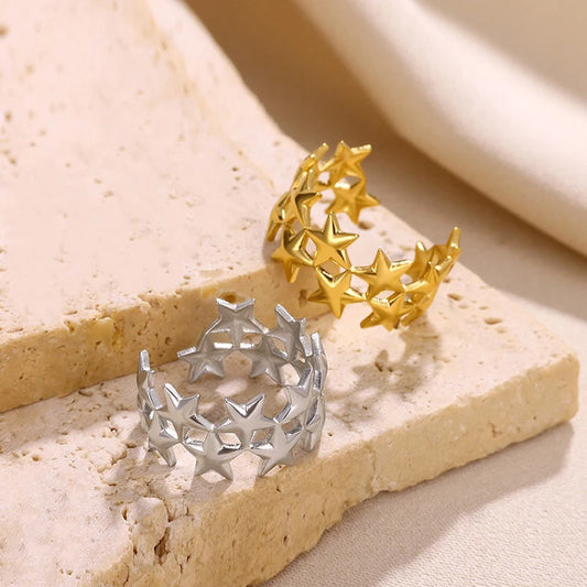 2026 New Stainless Steel Double Layer Star Waterproof Rings for Women Gold Color Opened Star Rings Cute Wedding Jewelry Gifts