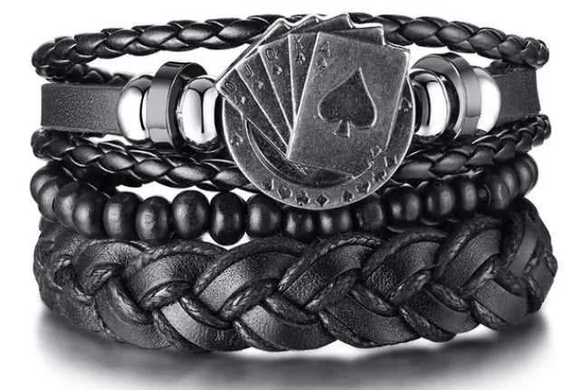 4Pcs/ Set Braided Wrap Leather Bracelets for Men Vintage Life Tree Rudder Charm Wood Beads Ethnic Tribal Wristband Rope Brace