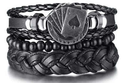 4Pcs/ Set Braided Wrap Leather Bracelets for Men Vintage Life Tree Rudder Charm Wood Beads Ethnic Tribal Wristband Rope Brace
