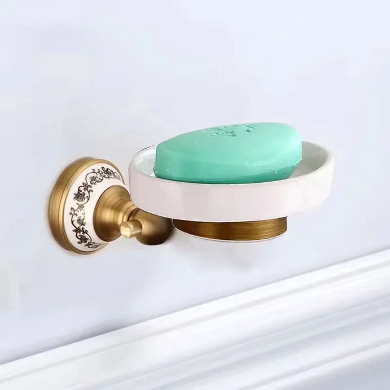 Antique Brushed Solid Brass Bathroom Accessories Sets European Porcelain Bathroom Hardware Sets Ceramic Retro Bathroom Produc