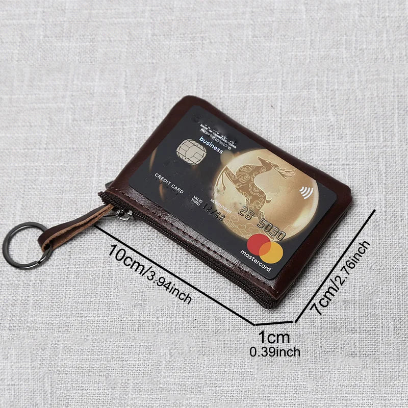 Leather Mini Coin Purse Unisex Simple Portable First Layer Cowhide Retro Handmade Zipper Small Wallet Key Case