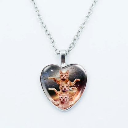 Cute Funny Rainbow Alien Cat Heart Pendant Necklace Animal Shape Art Photo Glass Cabochon Jewelry Children's And Women's - 3
