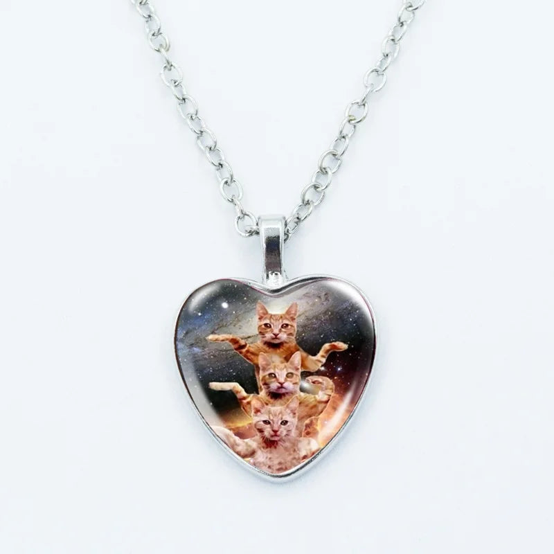 Cute Funny Rainbow Alien Cat Heart Pendant Necklace Animal Shape Art Photo Glass Cabochon Jewelry Children's And Women's