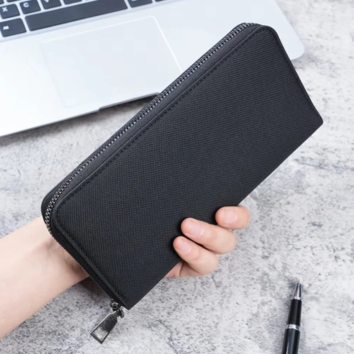 Men Long Wallet Large Capacity Multiple Card Slots Canvas Zippered Purse Business Handbag Card Holder Wallet Coin Bag - Black