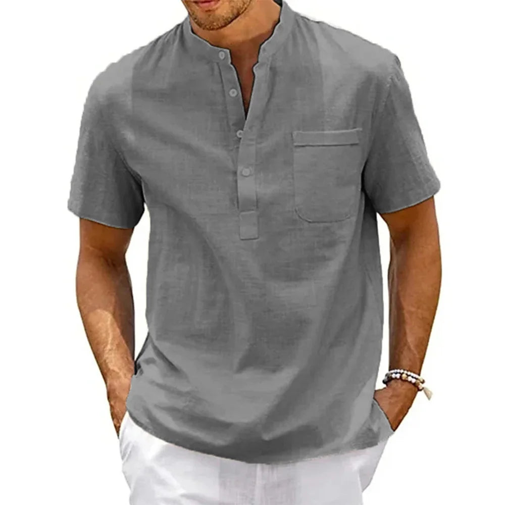 Cotton Linen Shirt Men Henley Neck Pocket Casual Beach Short Sleeve Solid Color Male Tops T-shirts Vintage Streetwear - gray 