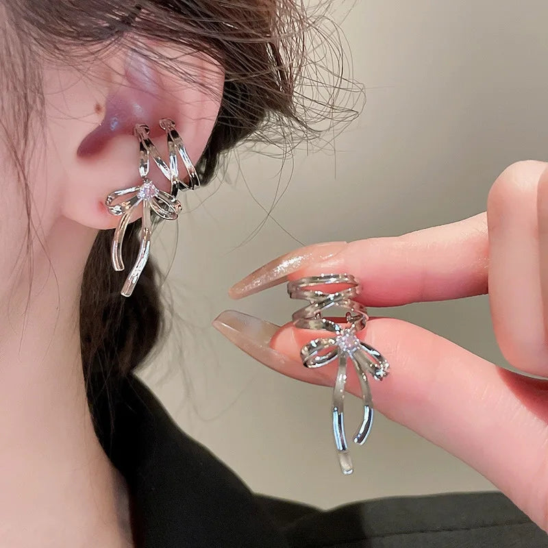 Girls New Ribbon Aesthetics Ear Clips Ballet Style Ribbon Bow-knot Ear Cuff Women Korean Fashion Kpop Earring Jewelry