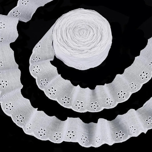15 Yards Cotton Lace Trim 1-5/8 inch White Cotton Eyelet Lace Ribbon Floral Embroidery Ruffle Lace Trim Wavy Edge Floral Cott
