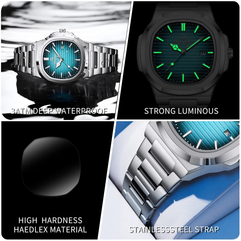 2026 New Luxury Military Man Watch Square Waterproof Luminous Date Week Men Watch Stainless Steel Quartz Men's Watches Reloj+