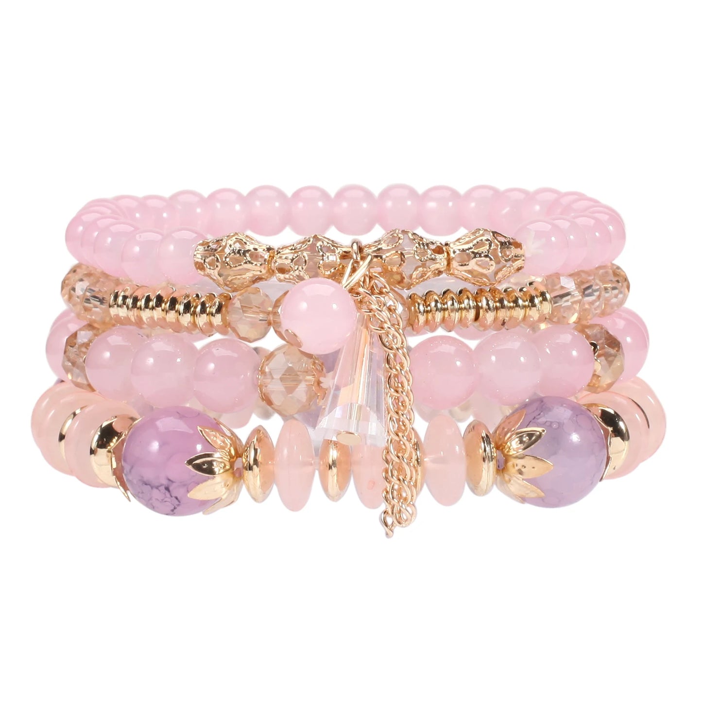 Bohemian Stackable Bead Bracelets for Women Multilayered Bracelet Pendant Charm Stretch Bangles - pink