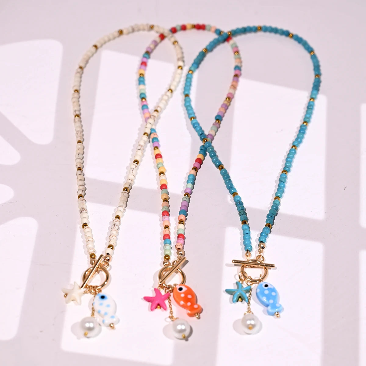 Bohemian Sea-Inspired Ceramic Fish & Starfish Pendant Necklace with 4mm Synthetic Turquoise Beads, Lightweight Beach Jewelry