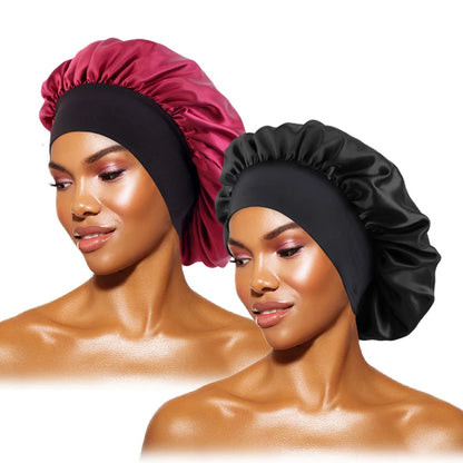 Women's Satin Solid Bonnets Wide-brimmed Night Sleeping Bathing Hat Unisex Head Wrap Elastic Band Cap Hair Care Bonnet - BK W