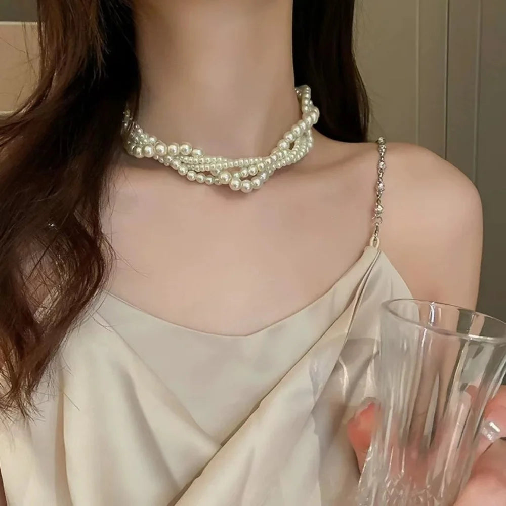 Vintage Twining Multilayer Pearl Choker Necklaces Women Elegant Imitation Pearl Clavicle Chain Party Jewelry Accessories Gift