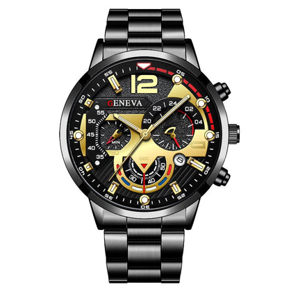 Fashion Men's Watches Stainless Steel Band Analog Quartz Wristwatch with Calendar - Black Gold