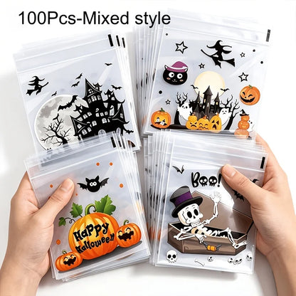 100Pcs Small Halloween Treat Bags,Clear Self Adhesive Candy Bags, Plastic Cookie Bags for Trick or Treat, Halloween Goodie Ba