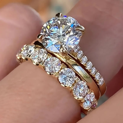 Huitan Gorgeous 3Pcs Set of Rings Female Luxury Shiny Round Zirconia Finger Jewelry Fashion Gold Color Accessories for Weddin