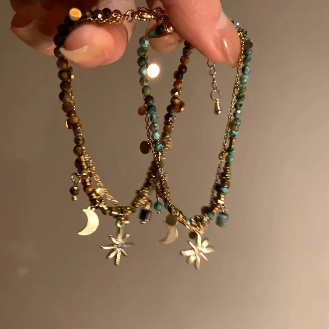 Vintage Bohemian Style Beaded Layered Bracelet, Sunflower Moon Pendant, Women's Jewelry Bracelet Accessories