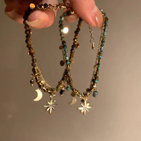 Vintage Bohemian Style Beaded Layered Bracelet, Sunflower Moon Pendant, Women's Jewelry Bracelet Accessories