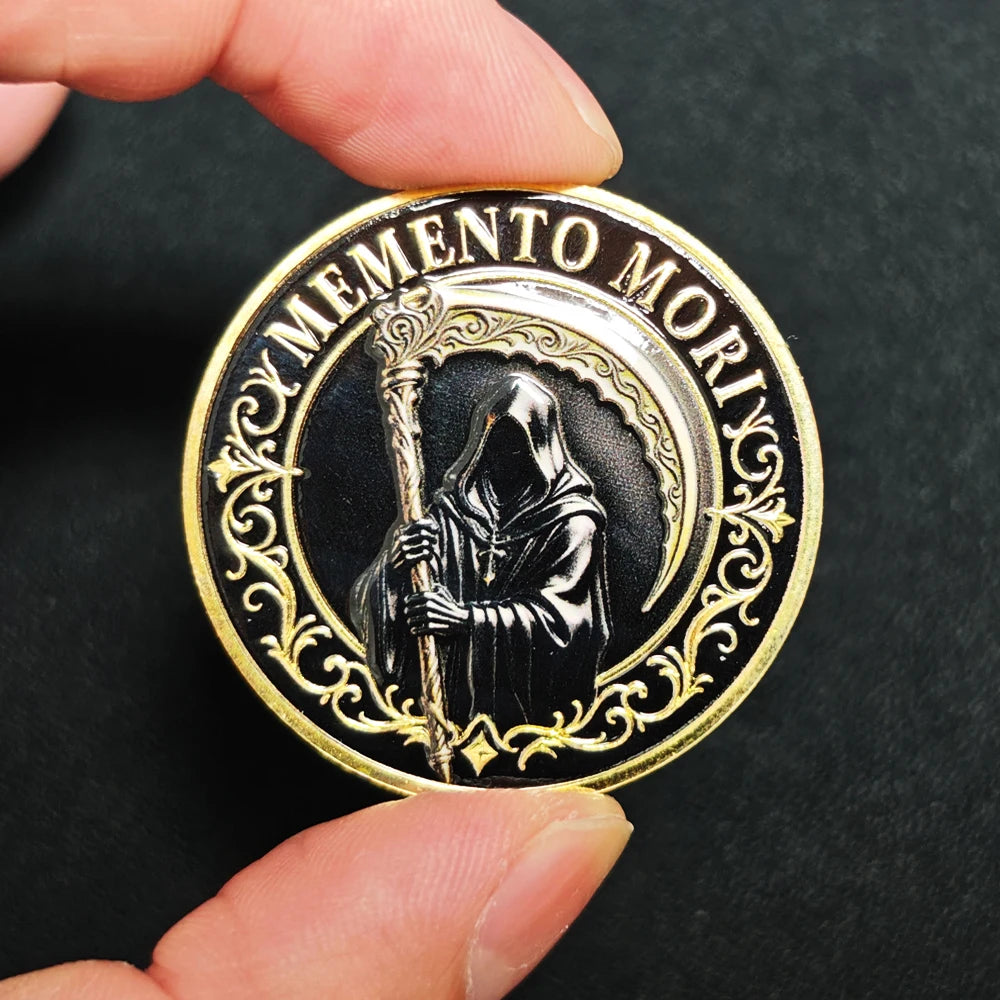 Vintage Memento Mori Grim Reaper Double Sided Medal Hourglass Collectible Badge Gold UV Protective Enamel Pocket Decor