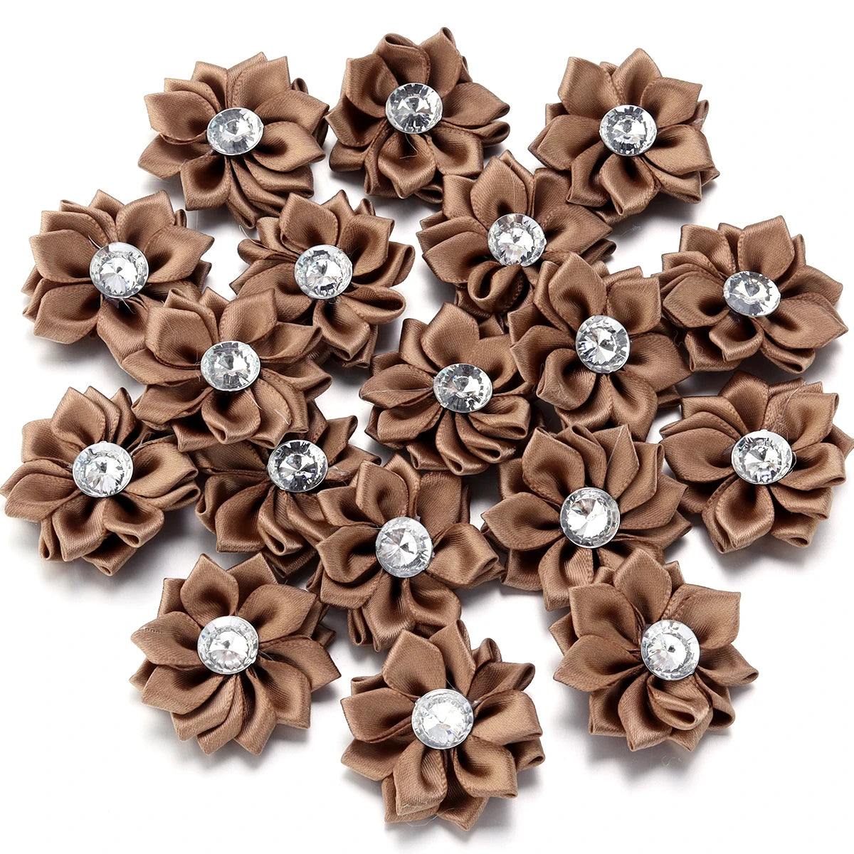20pcs/lot 40mm Mini Inlaid Rhinestones Small Handmade DIY Satin Ribbon Flowers Head Decorate Clothing Supplies Accessories - 