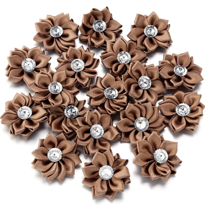 20pcs/lot 40mm Mini Inlaid Rhinestones Small Handmade DIY Satin Ribbon Flowers Head Decorate Clothing Supplies Accessories - 