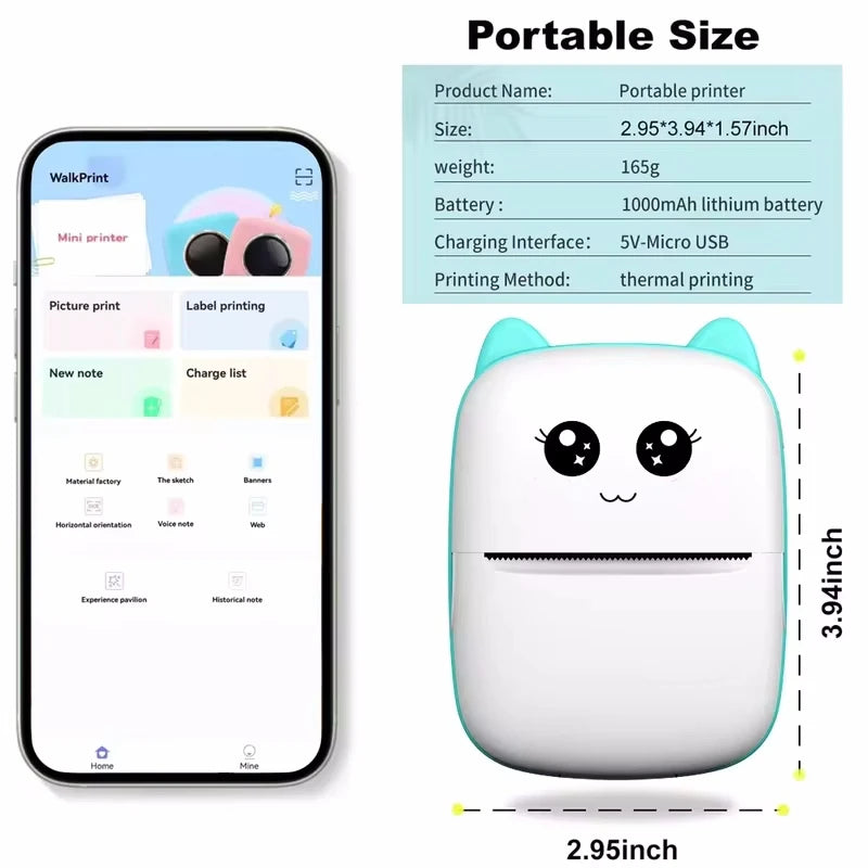 Portable thermal printer mini cat print photo pocket thermal label printer 58mm printing wireless Bluetooth Android iOS print