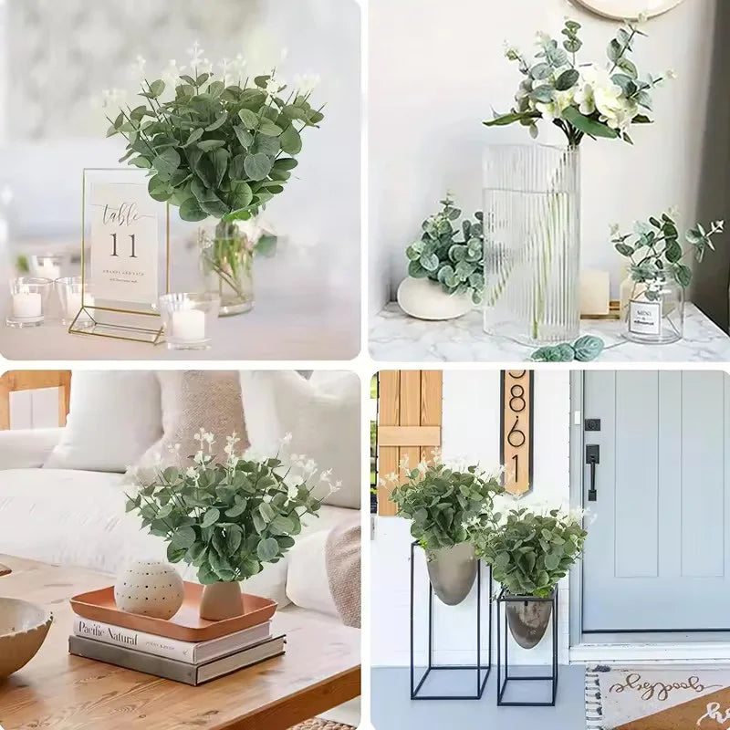 10pcs Eucalyptus Leaf Stems Green Artificial Plants Living Room Decor Bride Wedding Vases Flowers Bouquet Decor Artificial Pl