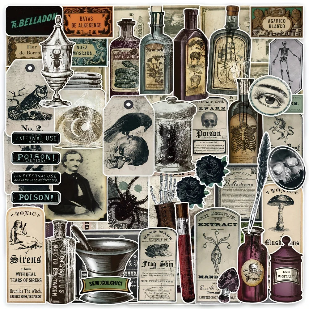 50PCS/Pack Vintage Potion Bottle Labels Stickers Retro Horror Gothic Stickers For Suitcase Scrapbooking Laptop Decorative - 5