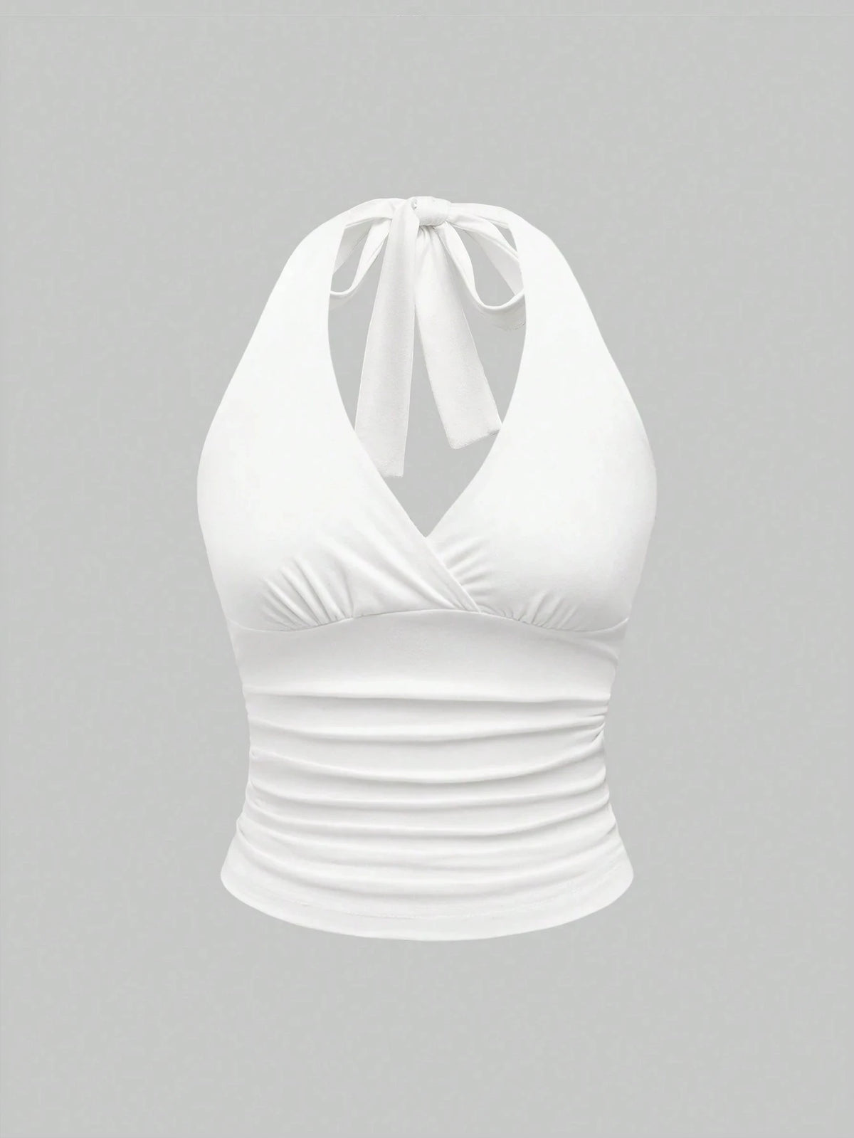 Solid V-neck Backless Halter Crop Top for Women Summer Sexy Y2K Sleeveless Ruched Top Streetwear - WHITE / S