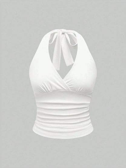 Solid V-neck Backless Halter Crop Top for Women Summer Sexy Y2K Sleeveless Ruched Top Streetwear - WHITE / S