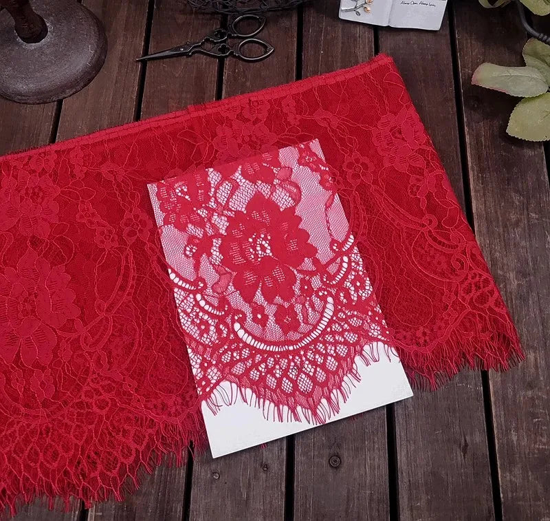 3m long 26cm wide quality eyelash lace fabric handmade diy dress skirt accessories - red