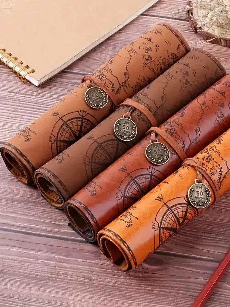 Vintage Treasure Map Roll Pencil Case – Large Capacity Leather Stationery Bag with Embossed Buckle