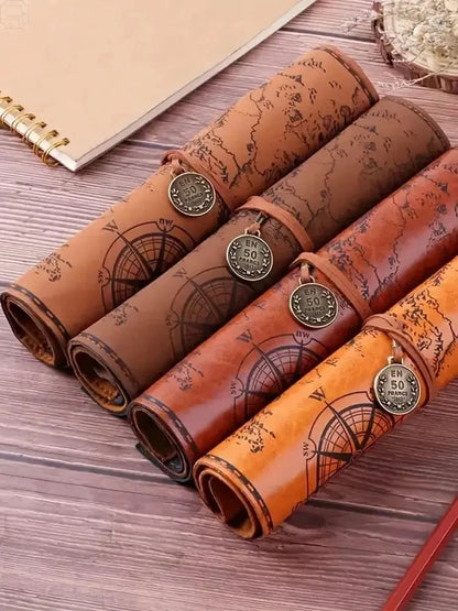 Vintage Treasure Map Roll Pencil Case – Large Capacity Leather Stationery Bag with Embossed Buckle