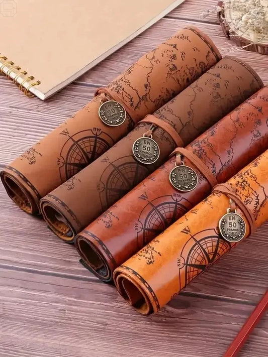 Vintage Treasure Map Roll Pencil Case – Large Capacity Leather Stationery Bag with Embossed Buckle