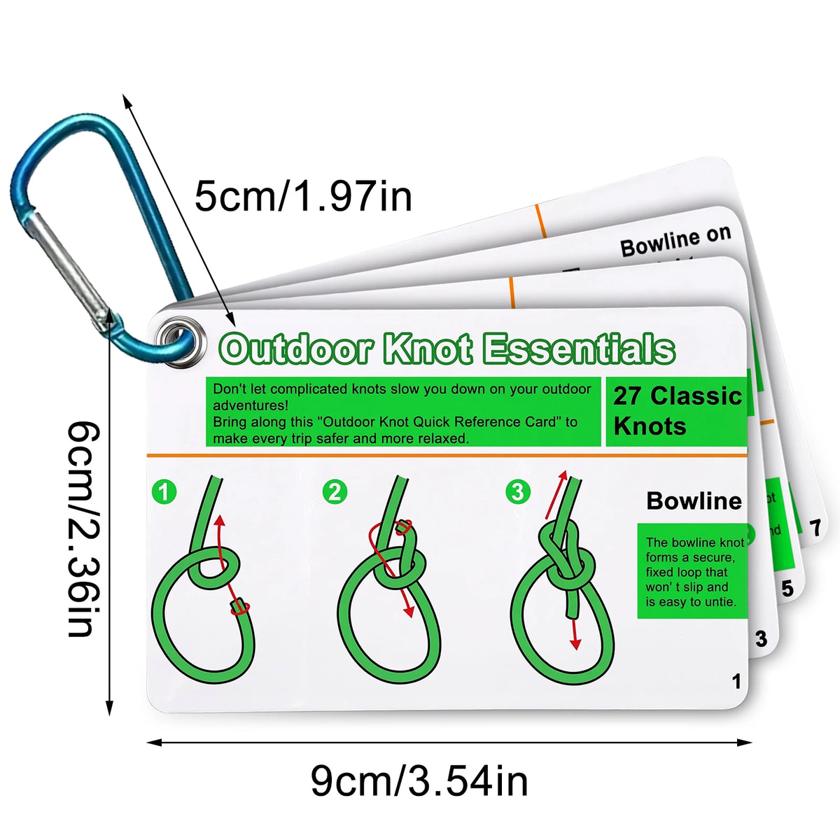 7PCS/SET Outdoor Knot Essentials Cards 27 Classic Knots Guide with Mini Carabiner, Durable Pocket Reference for Camping Backp