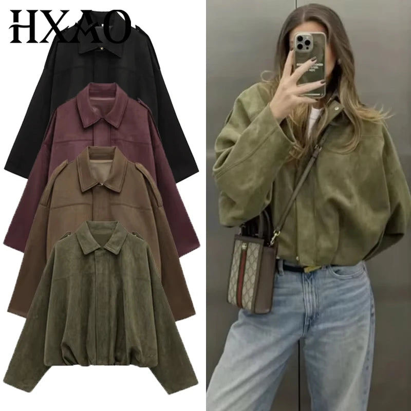 HXAO Women's Bomber Jacket Lapel Long Sleeve Zipper Suede Jacket Women 2025 High Street Cropped Racing Jackets Coats Outerwea