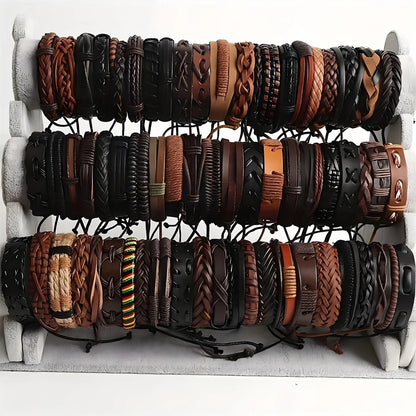 20Pcs Braided Leather Bracelets for Men Women Wrap Wood Beads Cuff Bracelet Hemp Cords Ethnic Tribal Handmade Wrap Wristband 