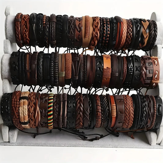 20Pcs Braided Leather Bracelets for Men Women Wrap Wood Beads Cuff Bracelet Hemp Cords Ethnic Tribal Handmade Wrap Wristband 