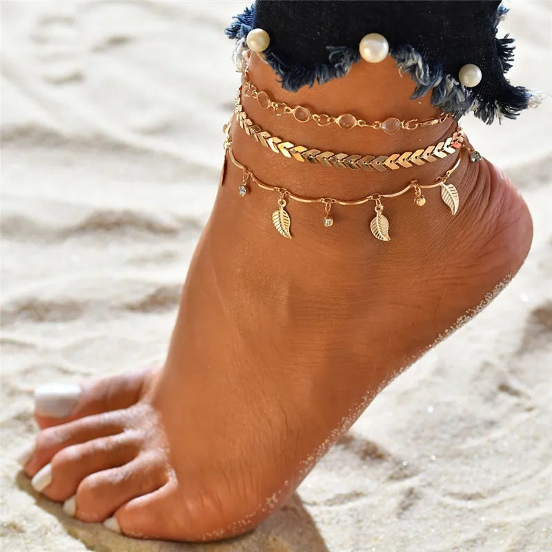 LETAPI Two Layers Chain Heart Style Gold/Silver Color Anklets For Women Bracelets Summer Barefoot Sandals Jewelry On Foot Leg