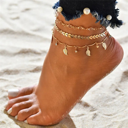 LETAPI Two Layers Chain Heart Style Gold/Silver Color Anklets For Women Bracelets Summer Barefoot Sandals Jewelry On Foot Leg