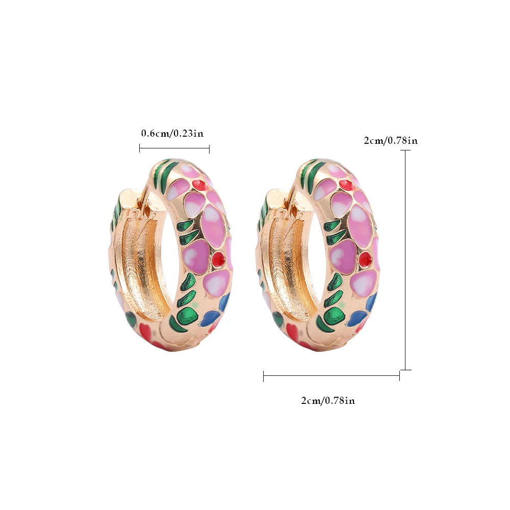 Vintage Enamel Flowers Cute Huggies Hoop Earrings for Women Classic Colorful Engraved Round Circle Ear Buckle Retro Brincos