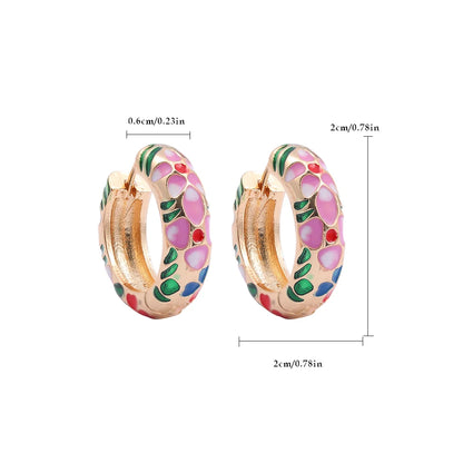 Vintage Enamel Flowers Cute Huggies Hoop Earrings for Women Classic Colorful Engraved Round Circle Ear Buckle Retro Brincos