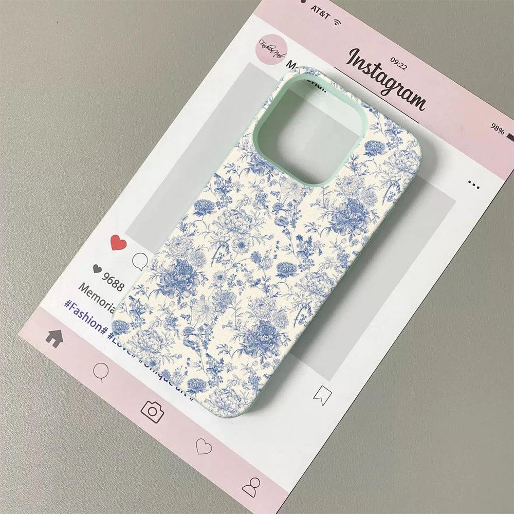 Vintage Floral Phone Case for iPhone 17 16 15 14 Plus 13 12 11 Pro Max Retro Blue Flower Pattern Shockproof TPU Protective Co