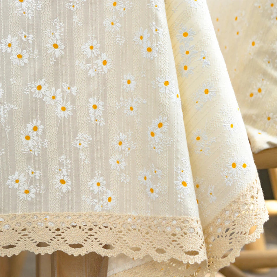 Korean Style Small Daisy Cotton Floral Tablecloth For Kitchen, Wedding, Dining Room - Golden Daisy Lace / Round 140cm