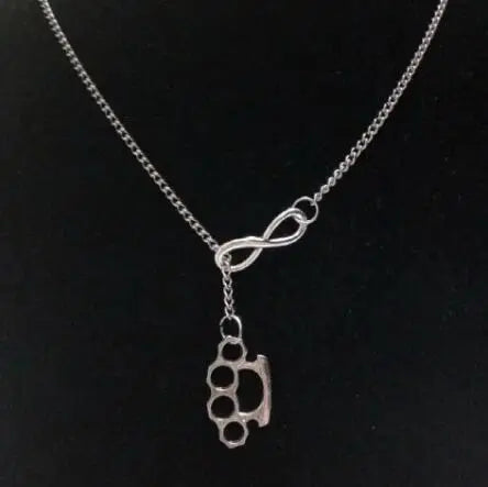 Fashion Vintage Double Brass Knuckle Dusters Pendant Adjustable Cross Lariat Necklace For Women Men Goth Jewelry - AS  PICTUR