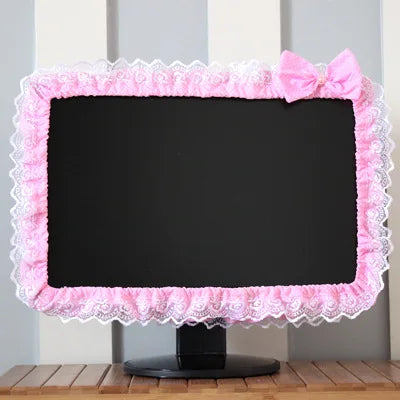 Lace Fabric Computer Frame Cover Monitor Screen Dust Cover With Elastic Pen Pocket Bow Home Decorations - Pink / 17-22 inches