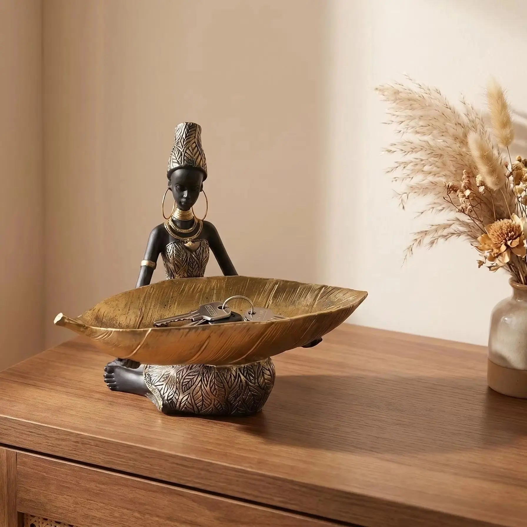 African Girl Holding a Plate Sculpture, Home and Office Decorative Storage Ornament, Vintage Collectible Craft Deskt Decor