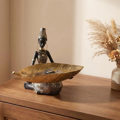 African Girl Holding a Plate Sculpture, Home and Office Decorative Storage Ornament, Vintage Collectible Craft Deskt Decor